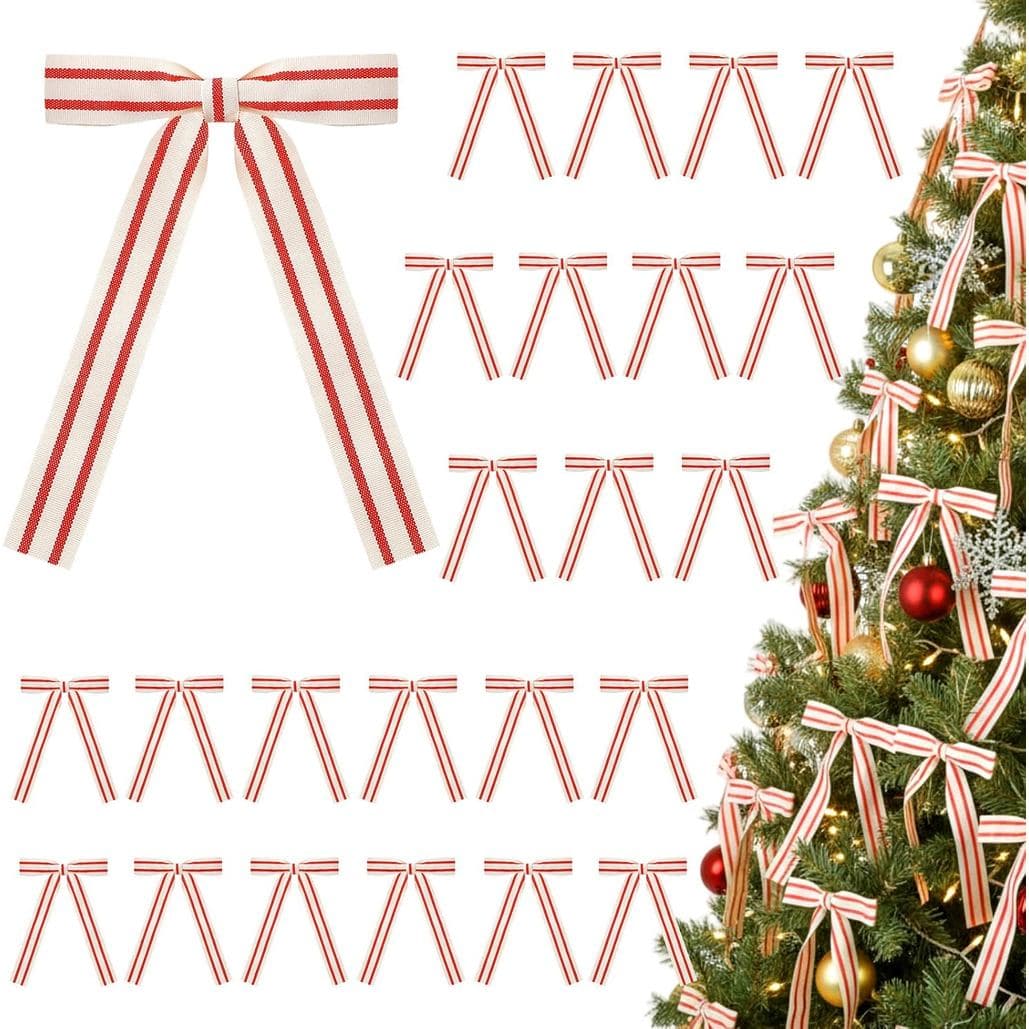 Riceshoot 24 Laços de Algodão Listrados de Natal 5 x 7 Polegadas, Laços Vintage Rústicos Pré-Amarrados com Fitas de Aram