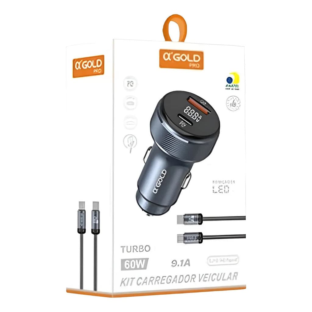 Carregador Veicular Turbo 60w Com Cabo Usb-c Led Anatel