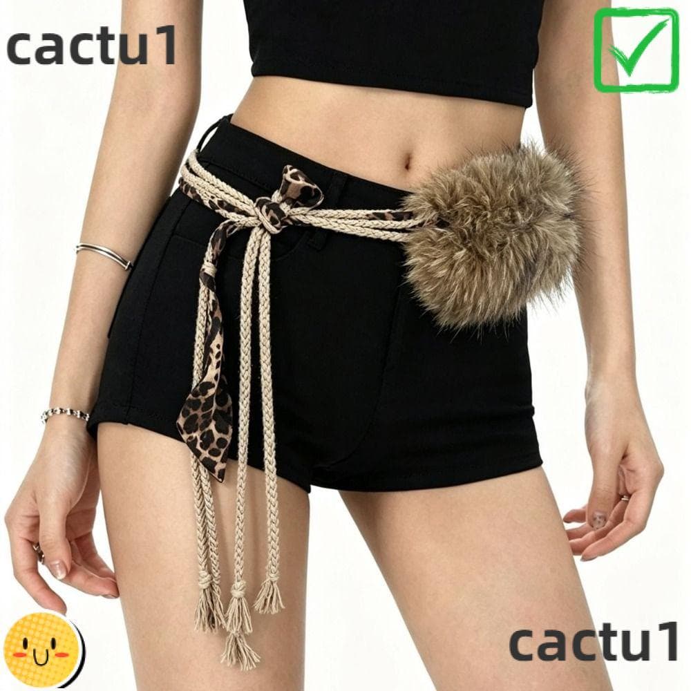 CACTU Cinto De Corda De Pele Sintética , Cintura Com Estampa De Leopardo Borla Pom-De Decoração De Tecido Felpudo