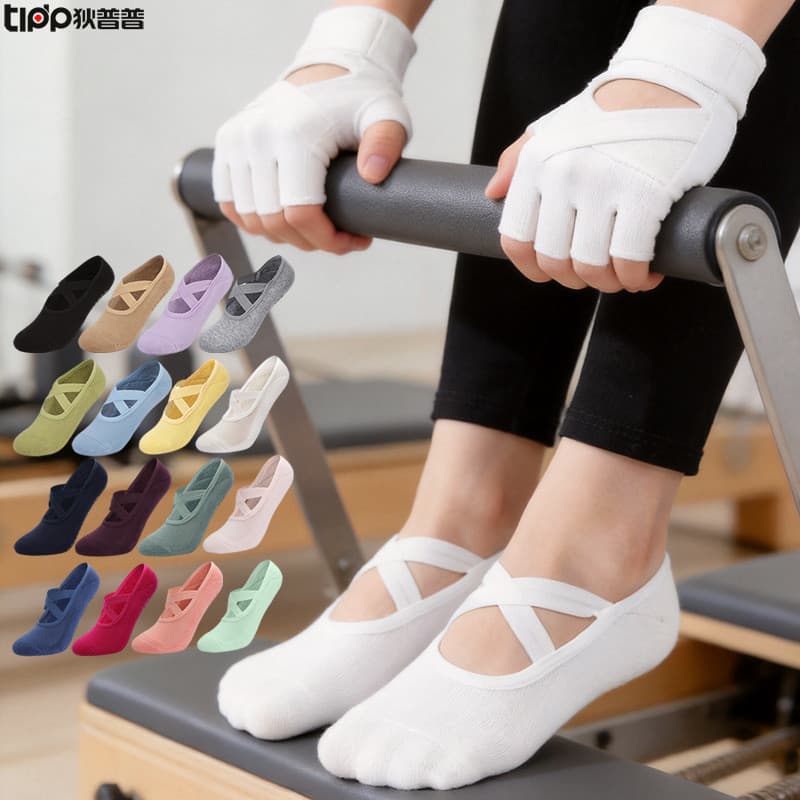 [] Meias femininas de algodão penteado com alça cruzada para ioga, dança, borracha antiderrapante, Pilates, exercícios f