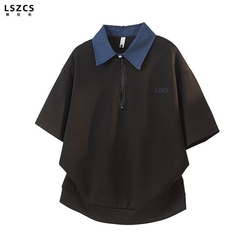 [LSZCS] Camisa falsa de duas peças de manga curta masculina verão Street Wear All-Match top americano solto contraste co