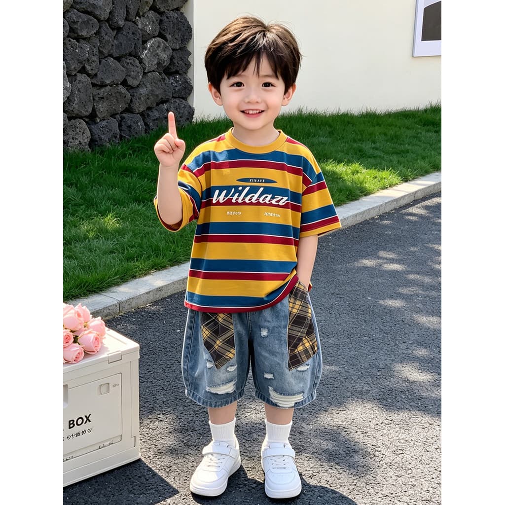 Meninos terno de verão 2026 novo estilo Street Wear crianças listrado manga curta camiseta Shorts estilo fino roupas de