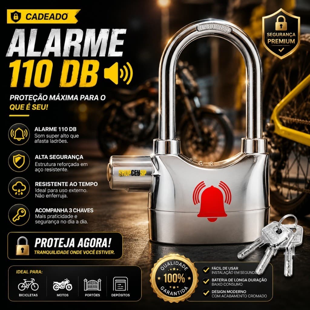 Cadeado Antifurto Com Alarme 110dB Alça Longa Para Moto Bicicleta Portão Armário Segurança