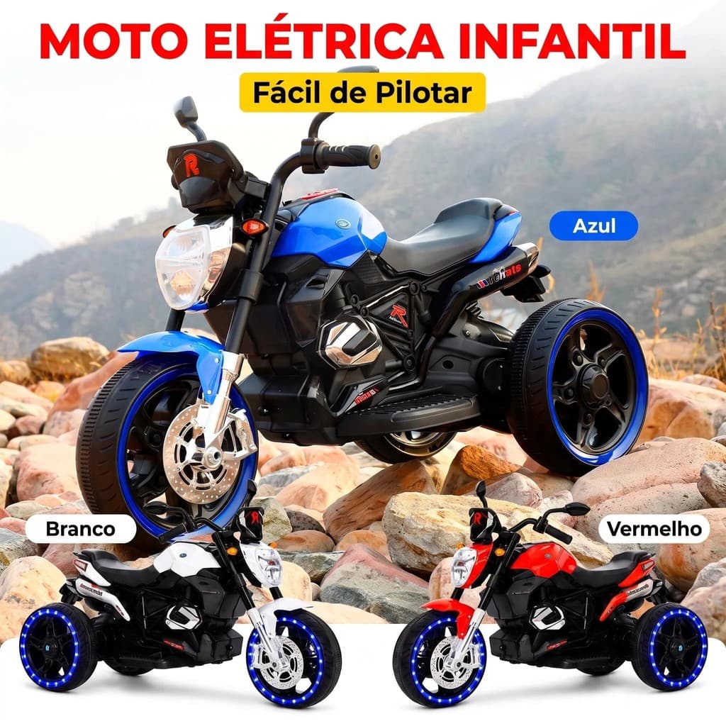 Mini Moto Triciclo Elétrica Infantil 6V LED Música 3 a 8 Anos