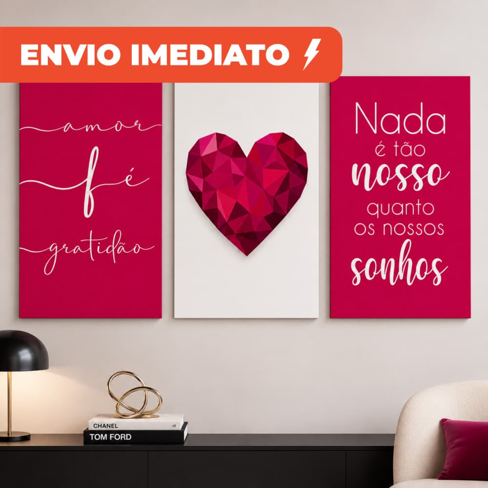 Kit 3 Quadros Decorativos MDF 20x30 Amor Fé Gratidão Coração Frases Quarto Casal Sala Decoração Romântica