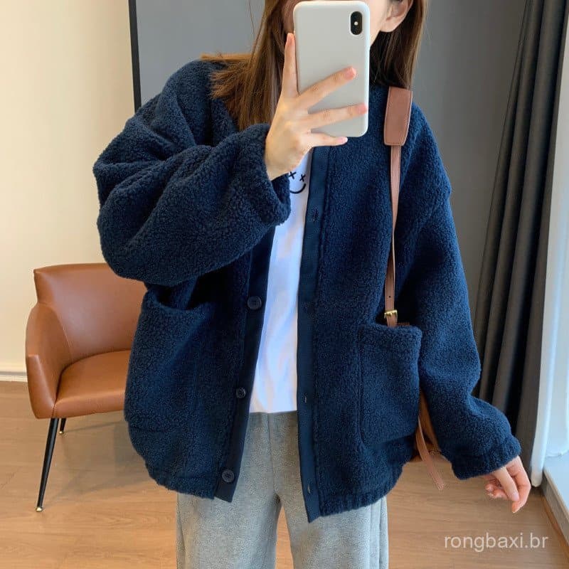 Imitação de lã de cordeiro jaqueta feminina outono inverno moda novo estilo forro de lã engrossado uniforme de beisebol