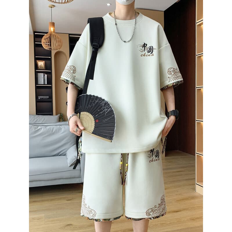 Estilo chinês de manga curta camiseta masculina Shorts terno de duas peças 2025 novo estilo moda rua Wear solto topo juv