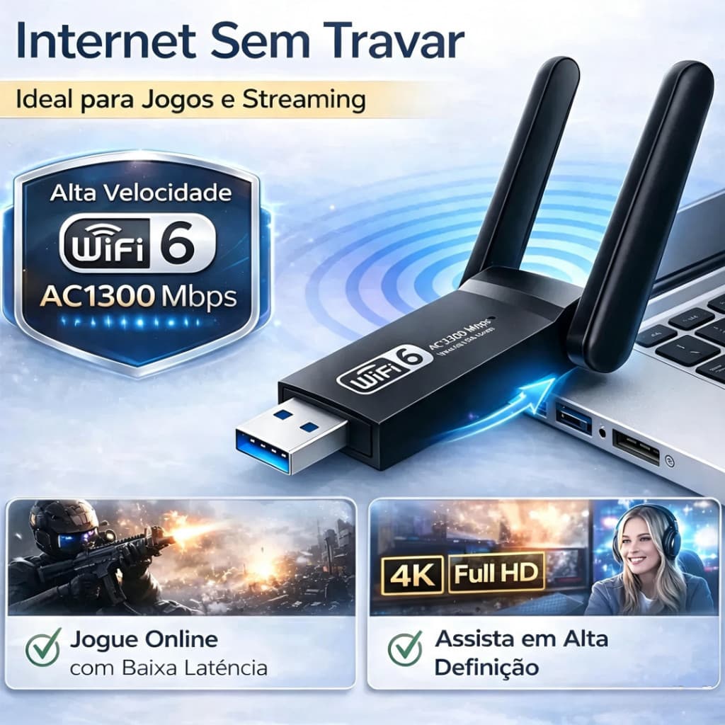 Adaptador USB Wifi 6 1900Mbps Dual Band 2.4/5GHz Bluetooth 5.4 Antena Potente P/ Computador