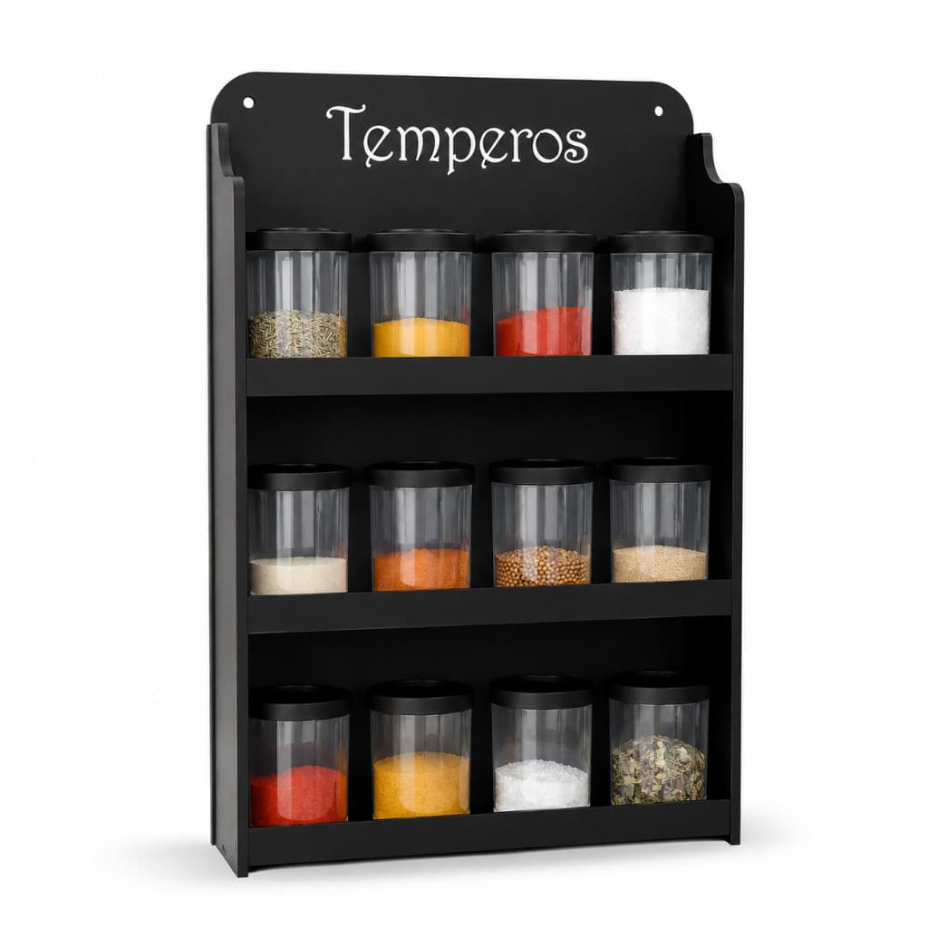 Suporte Porta Temperos Parede MDF Prateleira Organizador Cozinha 12 Divisórias Condimentos Potes Suspenso Preto Luxo