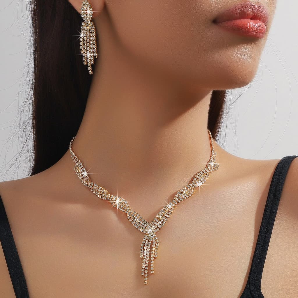 Moda colar feminino luz luxo nicho brincos conjunto, diamante completo trançado pulseira jóias