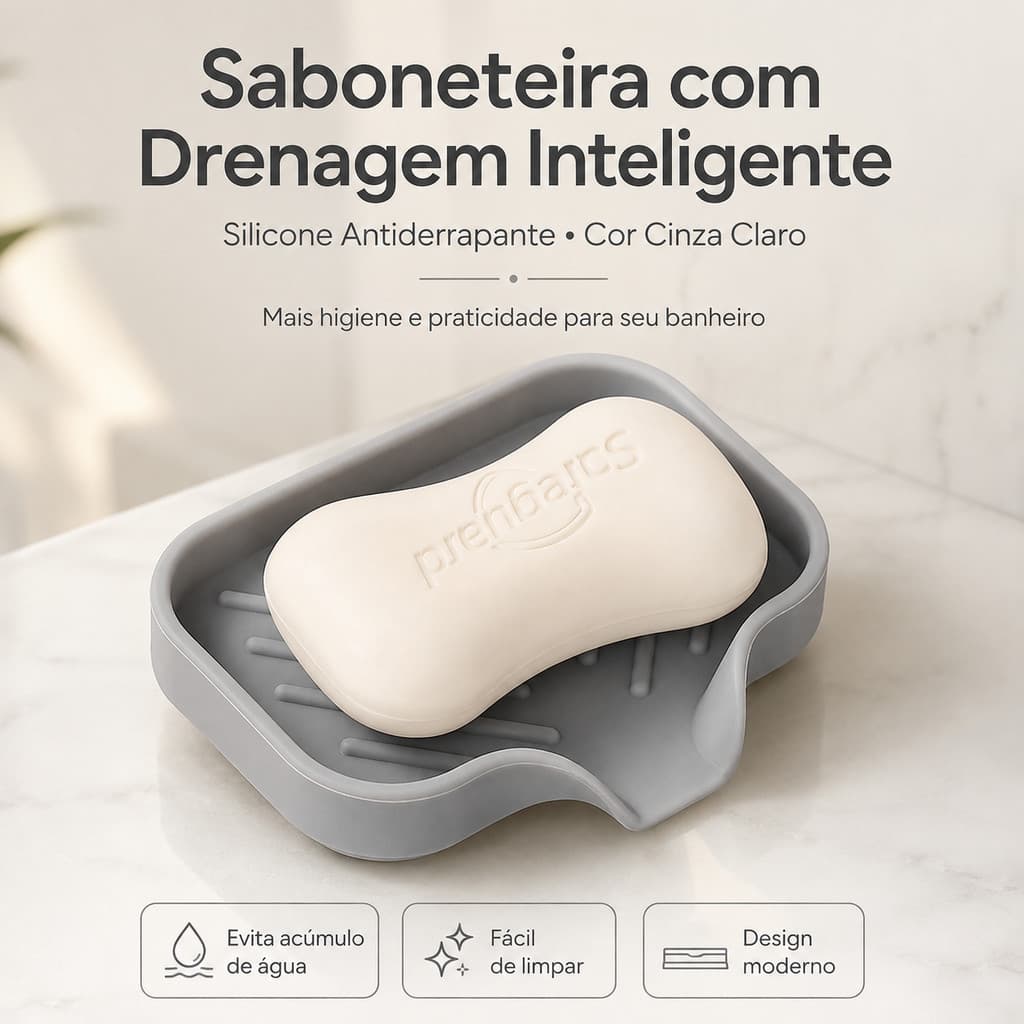 Saboneteira de Silicone Antiderrapante com Drenagem Rápida para Banheiro Cinza-claro