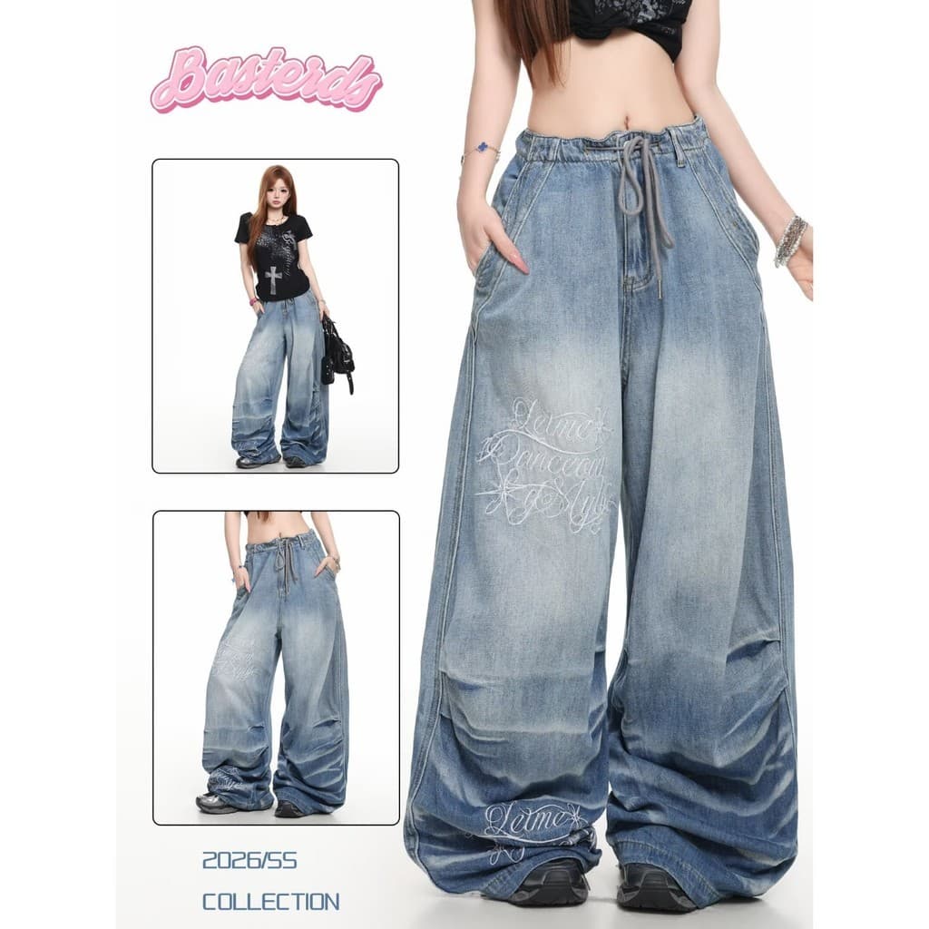 Americano Retro lavado Machete Jeans feminino bordado gato bigode vinco calças soltas