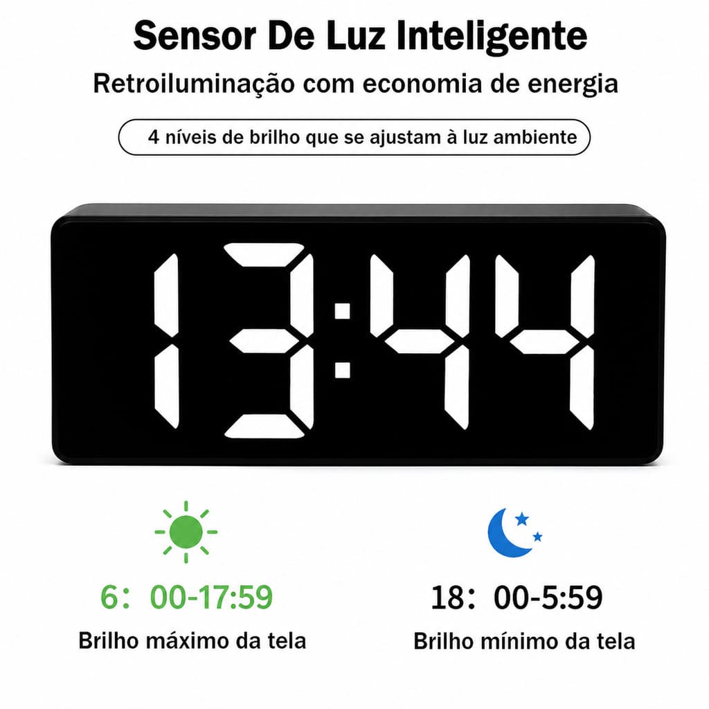 Relógio Despertador Digital LED com Sensor de Luz Auto