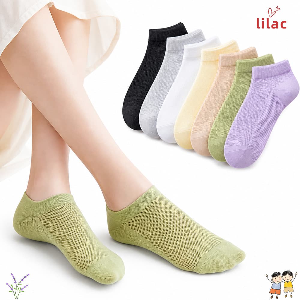 LILAC 7 Pares De Meias Curtas De Malha , De Tornozelo Respiráveis De Cor Sólida Finas E Macias Com Forro Antiderrapante