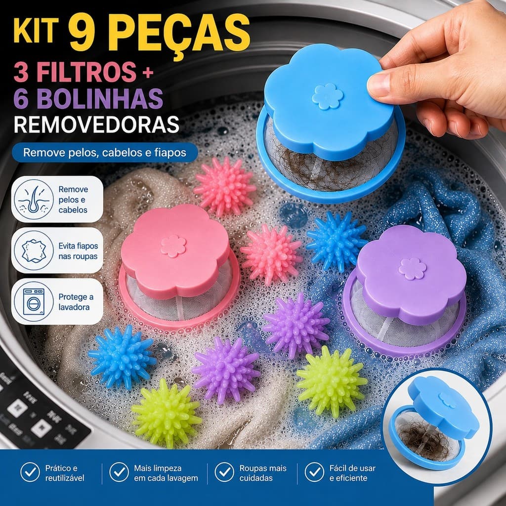 Kit Filtro Máquina De Lavar Roupa + 6 Bolinhas Coletor Pelos Fiapos Cabelos Pet