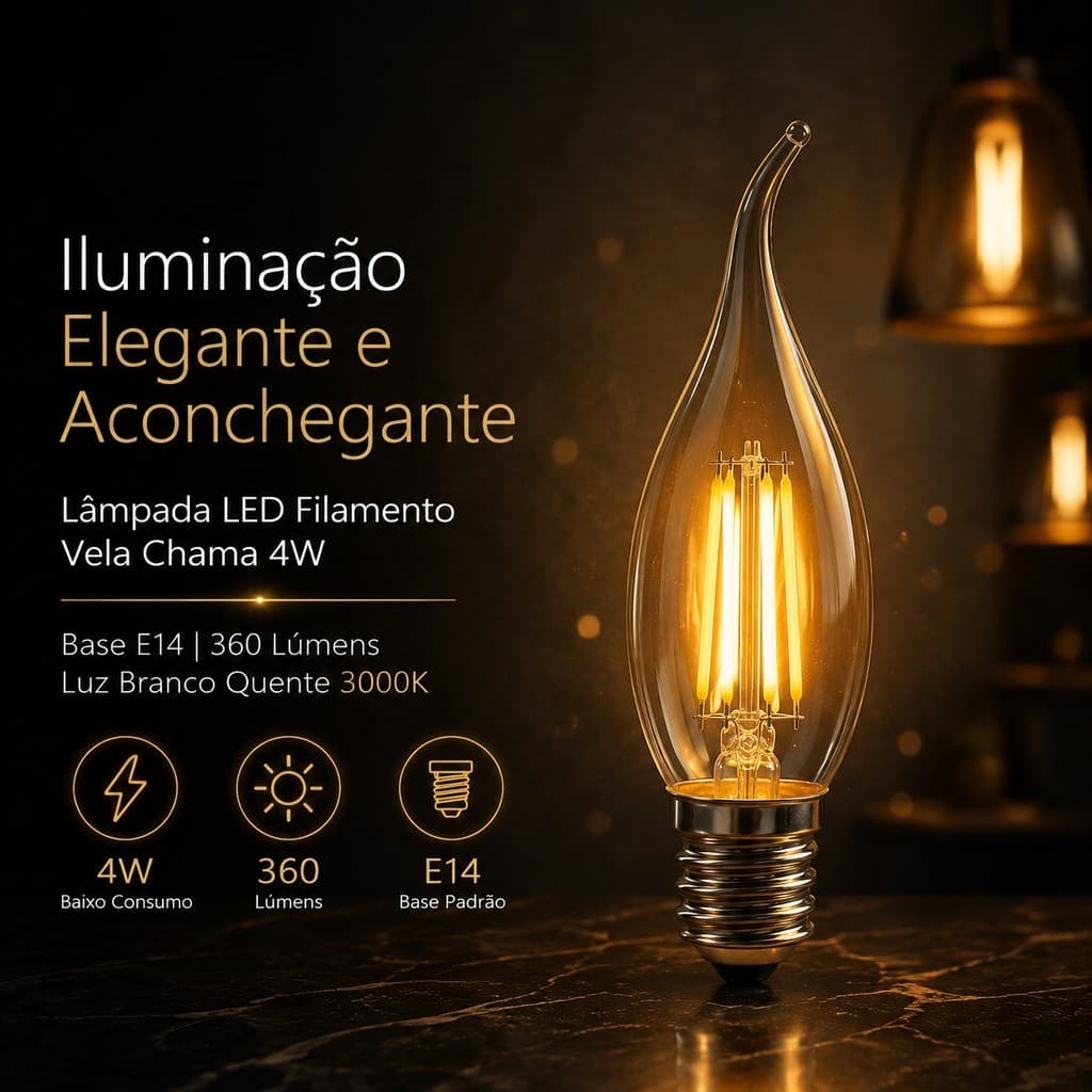Lampada Led Filamento Vela Chama 4w E14 3000k Branco Quente