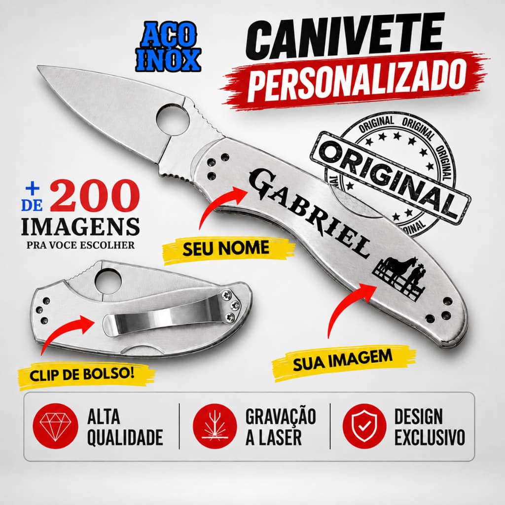 Canivete Personalizado Rural Sertanejo Inox Clip Bolso Seu Nome Fazenda Laser Envio Imediato