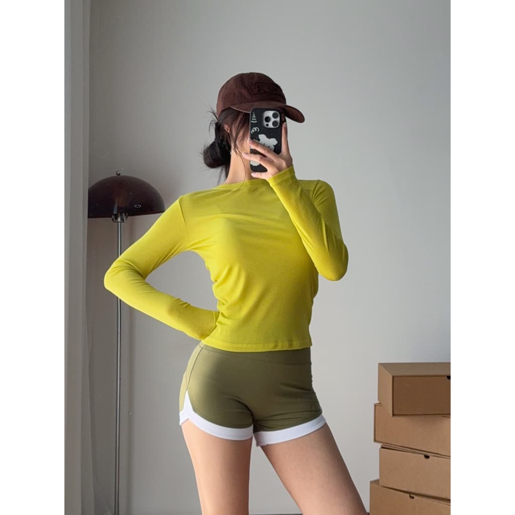 Pescoço redondo estiramento esportes de manga comprida camiseta primavera outono luz feminina magro-ajuste mais magro ol