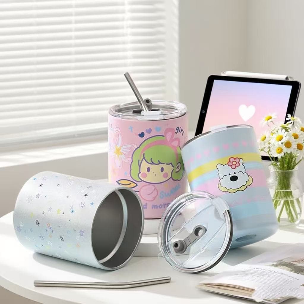 Nova xícara de café dos desenhos animados menina copo de água de alto valor Latte americano com copo de palha acompanhan