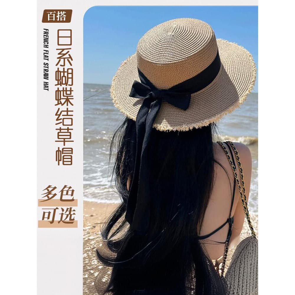 Estilo japonês All-Match desgastado chapéu de palha feminino verão plana superior viagem chapéu de sol pequeno arco fres