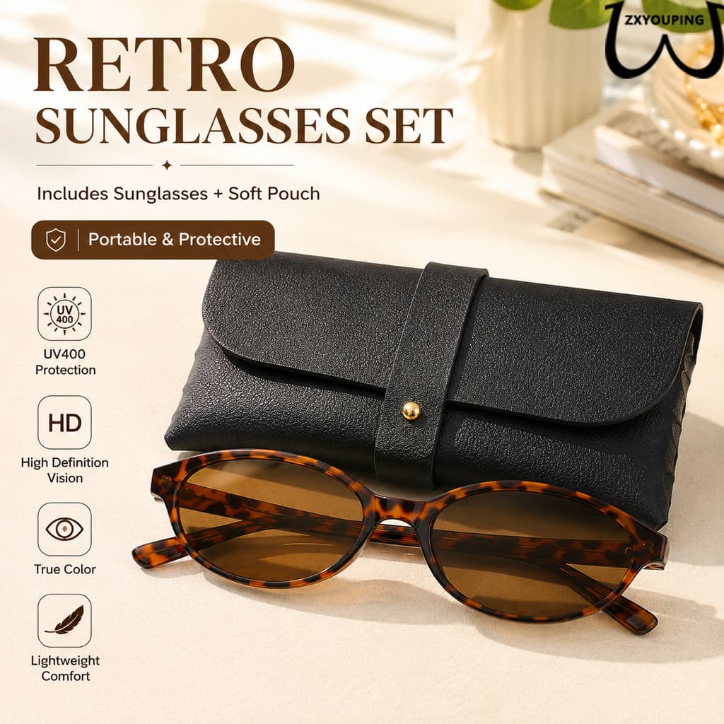 Óculos De Sol Ovais Retrô Com Capa Protetora De Couro PU UV400 Leves Da Moda Para Mulheres , Viagens , Uso Diário Ao Ar