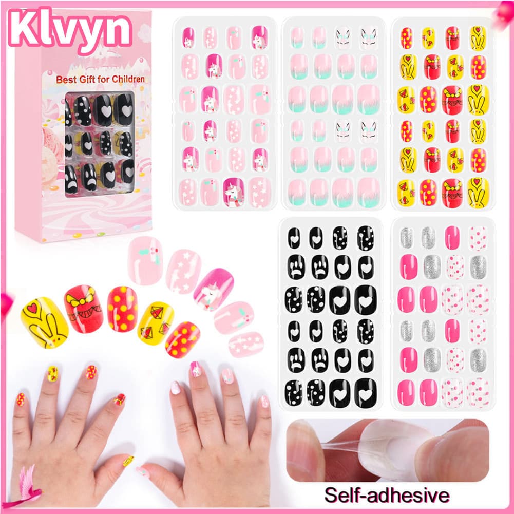 Klvyn-br Conjunto de unhas postiças fofas, 120 peças para crianças, pontas de unhas de cobertura completa com vários