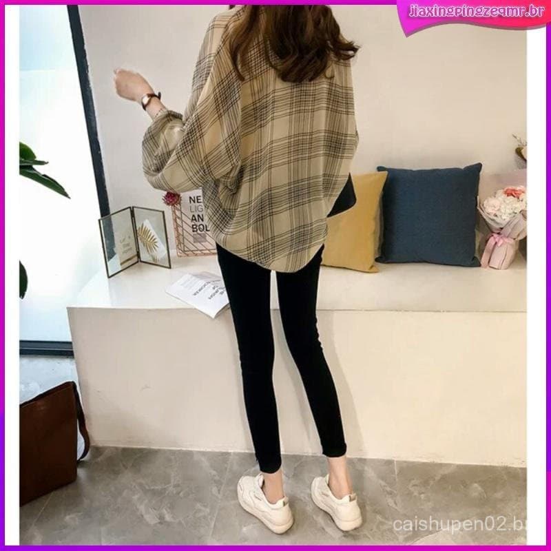 Camisa Feminina de Chiffon com Mangas de Morcego, Blusa Xadrez Plus Size USWY