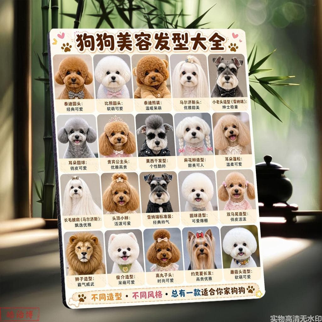 Cão aliciamento estilo enciclopédia pet grooming loja referência exibição moldura da foto Wen pet shop estilo imagem dec