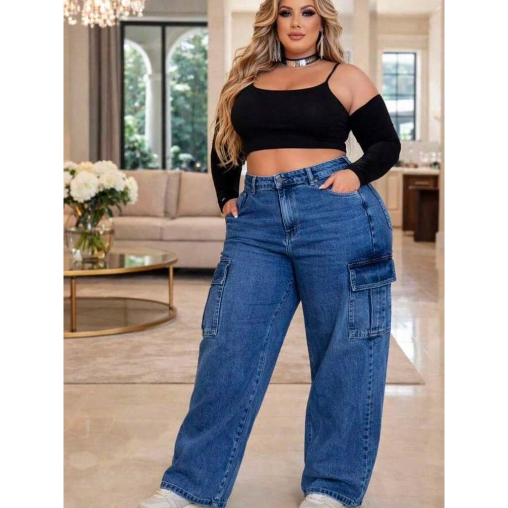Calça Jeans Cargo Plus Size Wide Leg Cintura Alta Lavagem Azul Clara