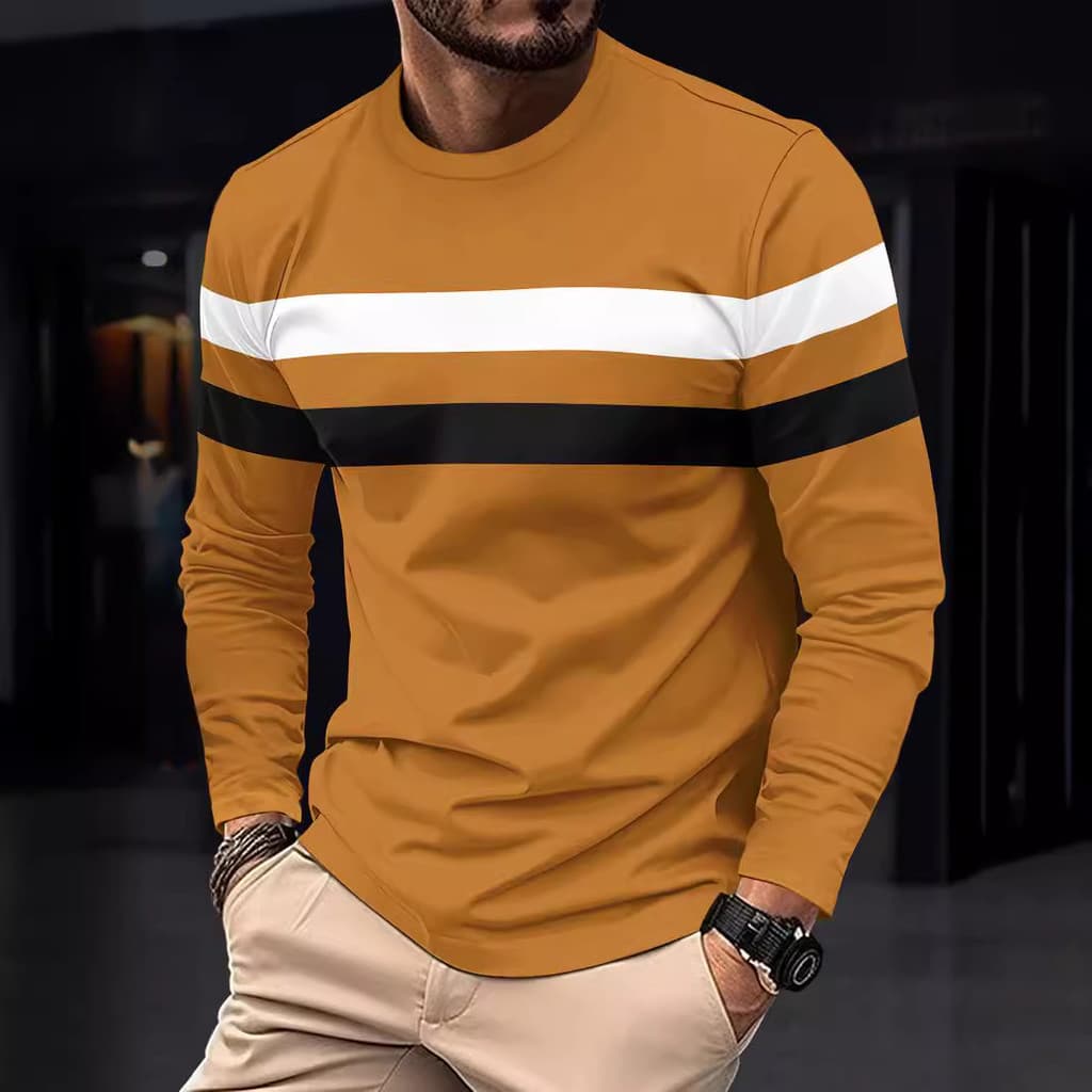 Camiseta básica masculina de manga comprida, fina, gola redonda, estilo pullover.