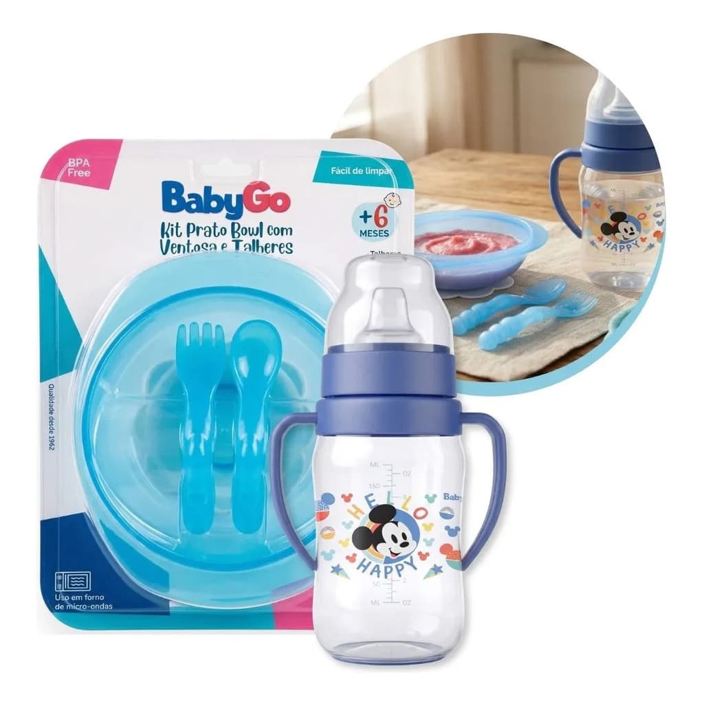 Kit Infantil Treinamento Copo Mickey Prato Ventosa Talheres