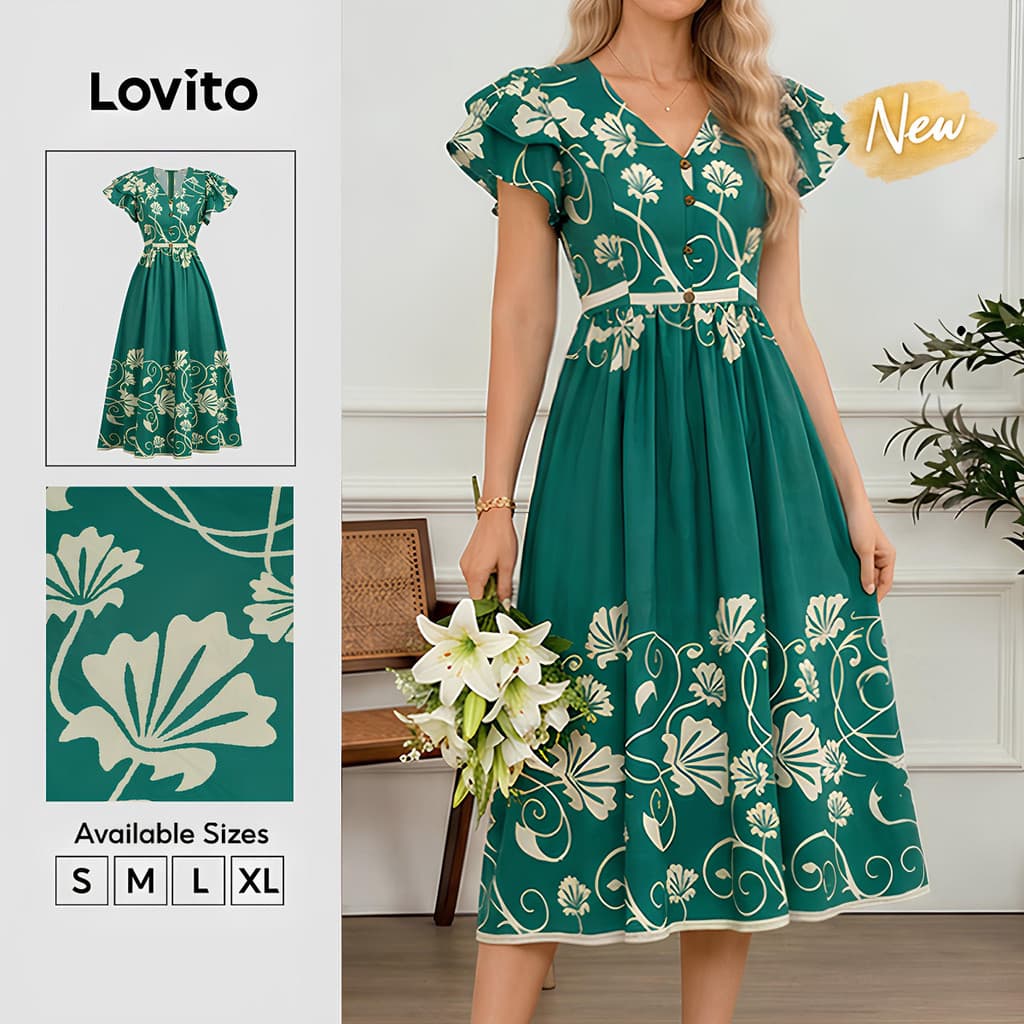 (New Arrival) Lovito Vestido Casual Verde Primavera/verão Vestido Feminino Com Estrutura De Botões E Babados DRB38BR139