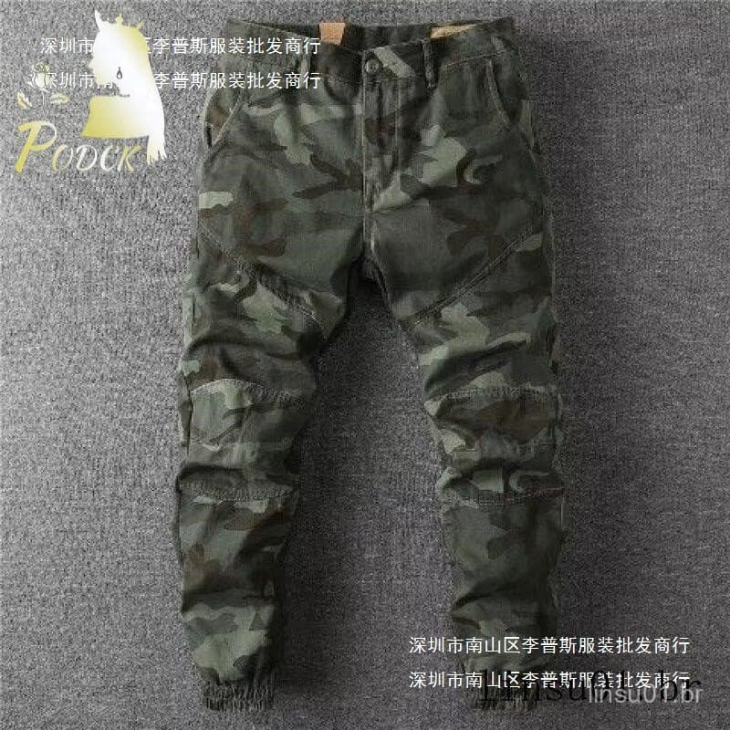 Camuflagem Jeans masculino primavera Retro americano moda fluxo macacão calças High Street registro ligeiramente longo c