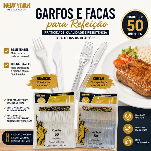Garfos e Facas Resistentes para Refeição New York Branco ou Cristal c/ 50 Unidades