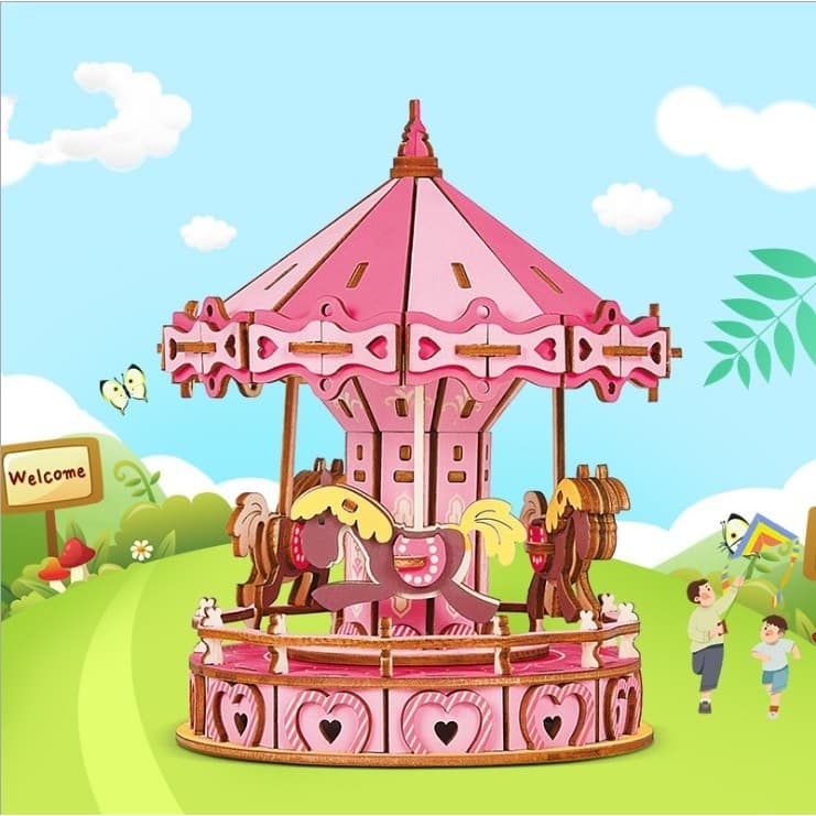 Merry-go-round modelo quebra-cabeça de madeira 3D tridimensional montagem quebra-cabeça menina artesanal DIY adequado pa