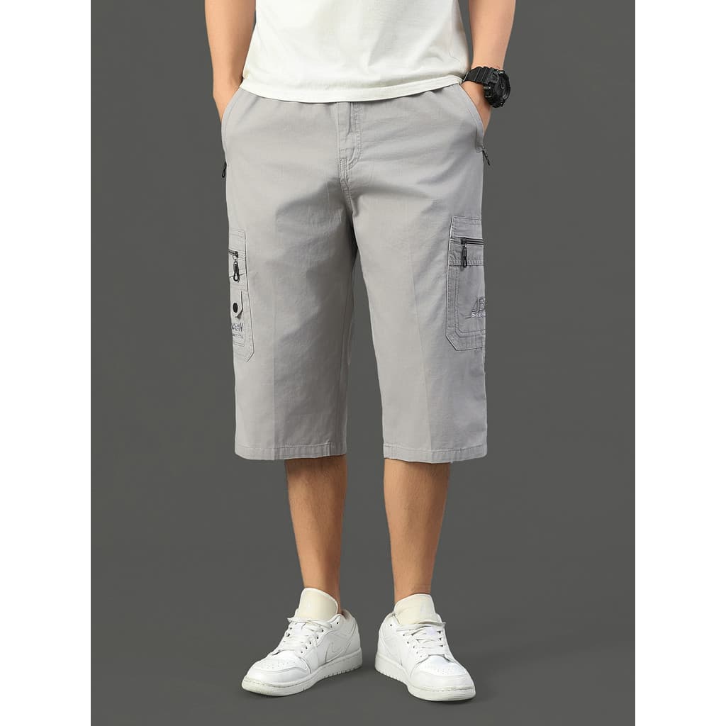 Calças cortadas masculinas estilo geral com vários bolsos, verão, finas, soltas, retas, casuais, tamanho grande, algodão