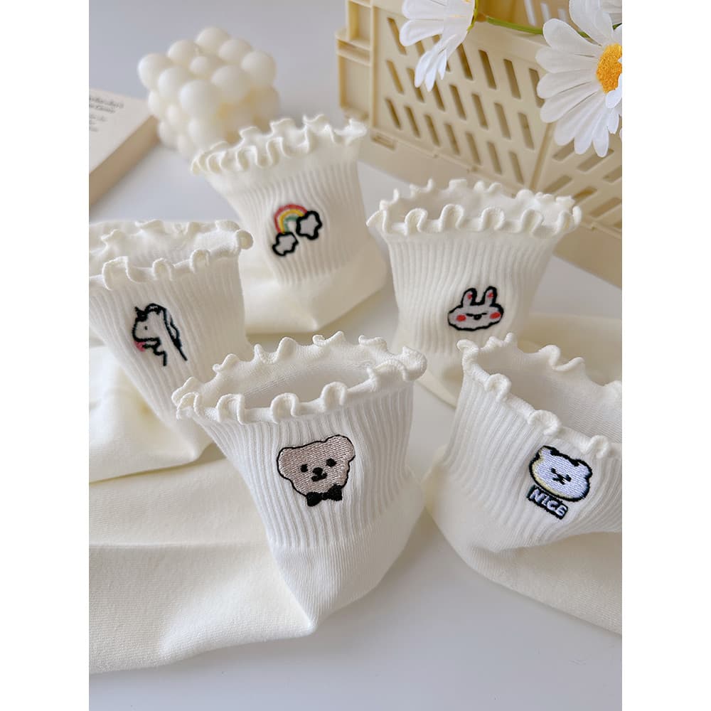 Meias bordadas Fungus Edge femininas primavera outono fofas de algodão puro estilo japonês estilo formal meias cano médi