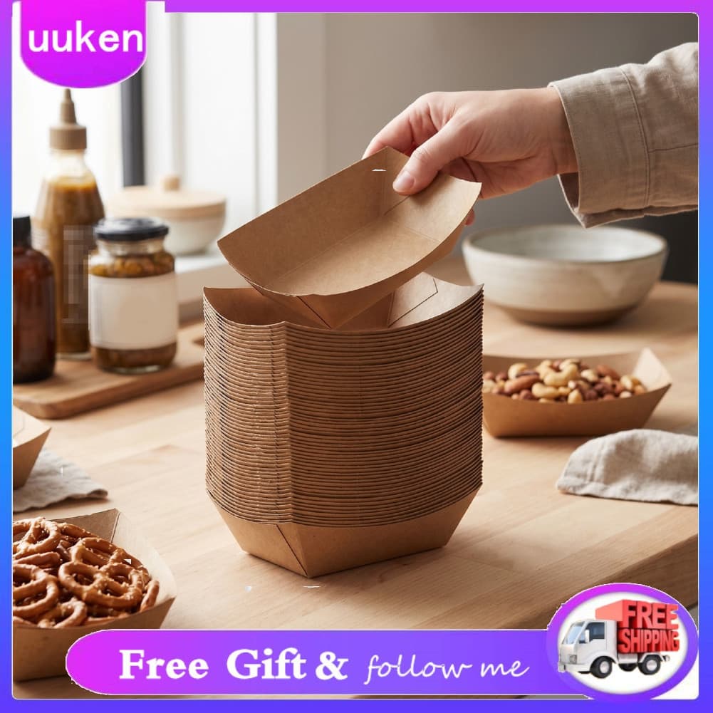 Uukendh Luocute 100 bandejas descartáveis ​​de papel kraft para alimentos, barcos marrons para lanches, nachos, batatas