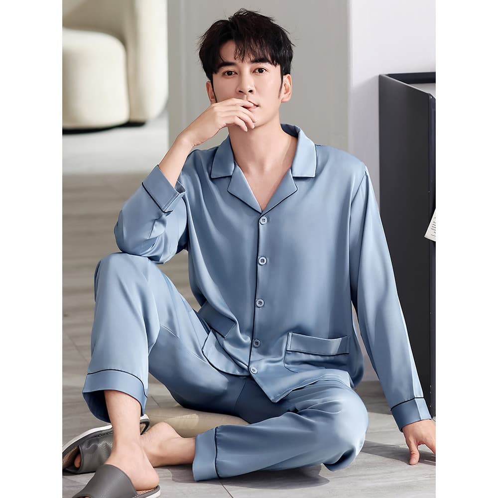 Fenteng Ke'an pijamas masculinos primavera outono gelo seda calças de manga comprida terno masculino verão High-End Home