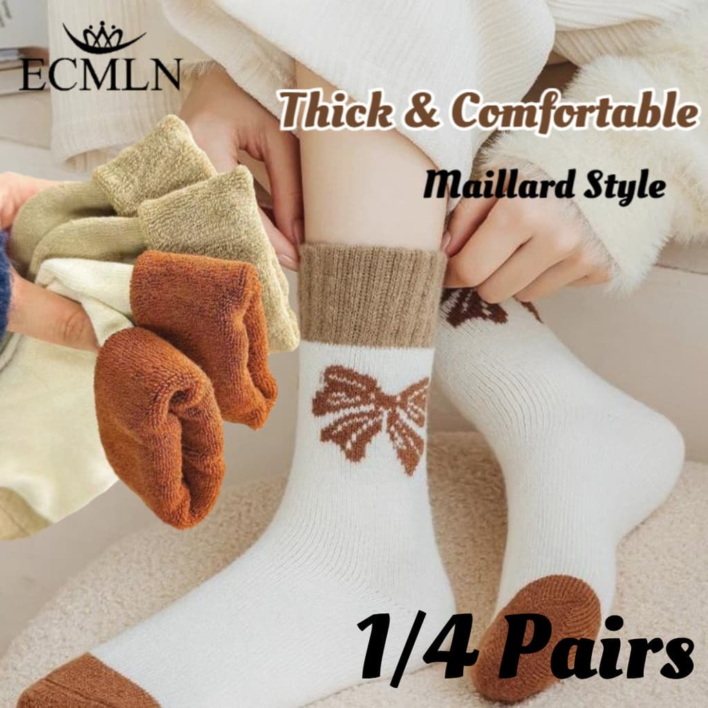 ECMLN 1/4 Pares Mulheres Estilo Maillard Terry Crew Meias Macias Grossas Quentes Algodão Arco Listrado Casual Diário Sen