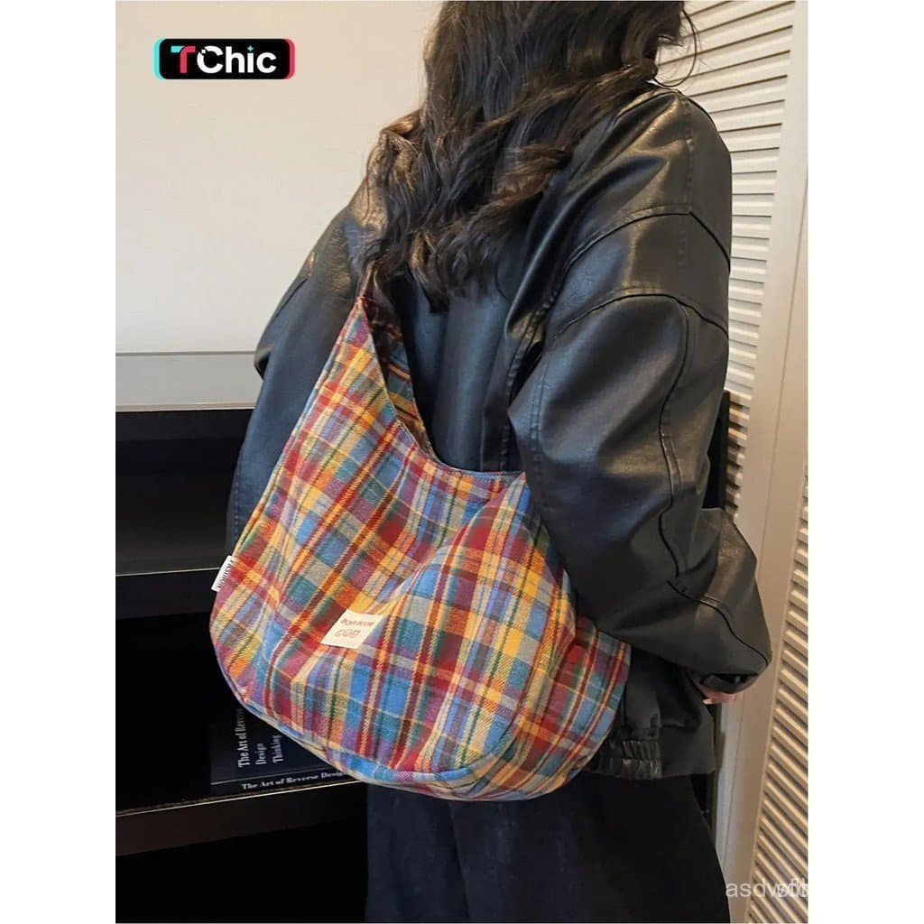 Bolsa de Ombro Retro Plaid, Bolsa de Ombro Têxtil Primavera/Verão, Bolsa Transversal, Bolsa Casual de Moda, Bolsa Versát