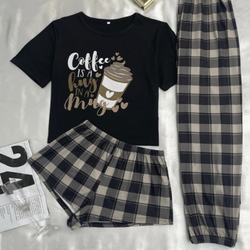 Estilo Cross-Border terno de três peças pijamas feminino dos desenhos animados xadrez Shorts calças leite seda Loungewea