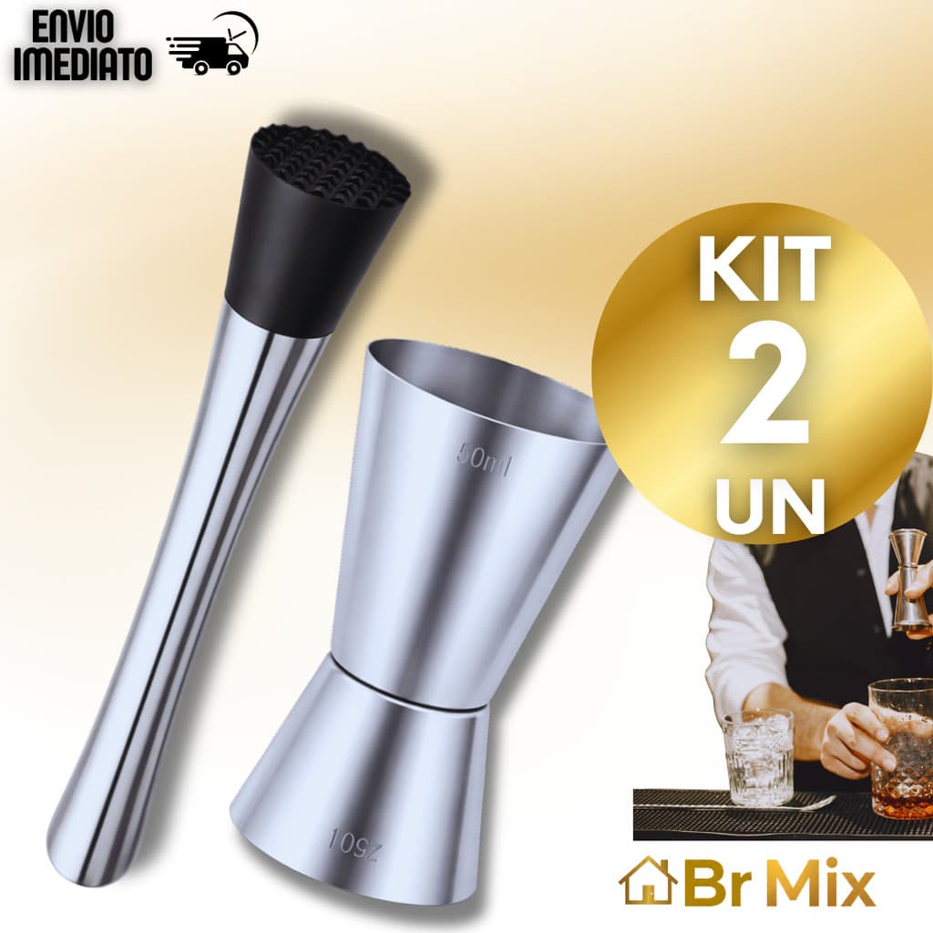 Kit Bar: Socador de Caipirinha + Dosador Duplo Inox Bares Drinks Bebidas Coquetéis Bebidas