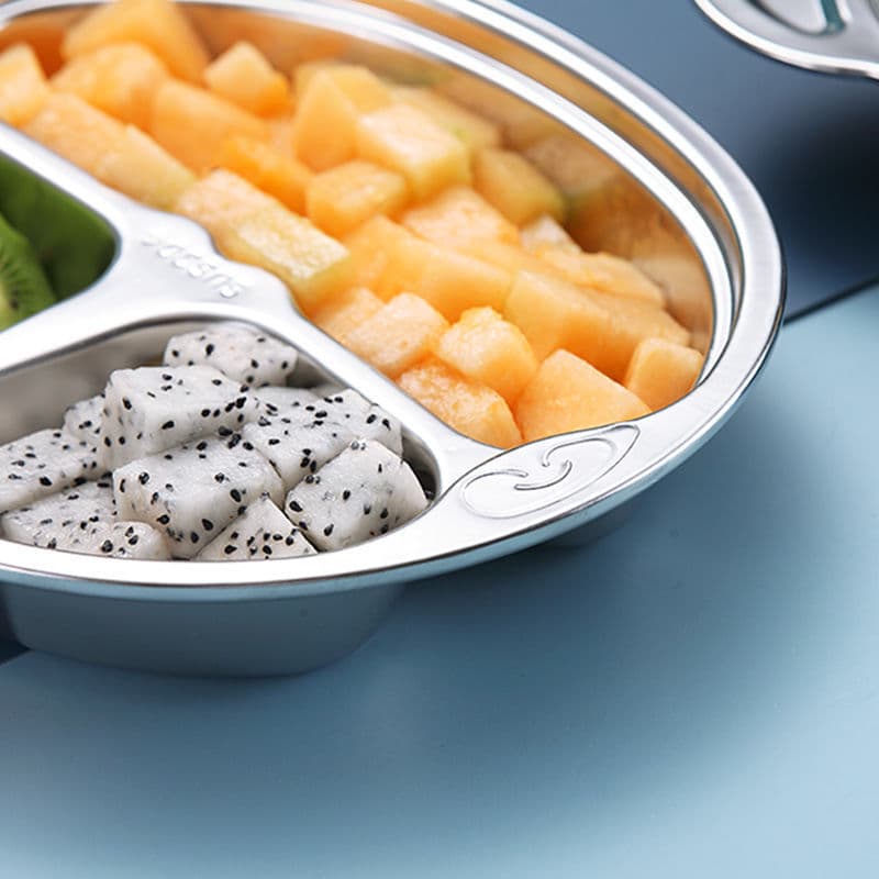 Prato de jantar infantil de desenho animado em aço inoxidável, compartimento reforçado, prato de arroz para bebê