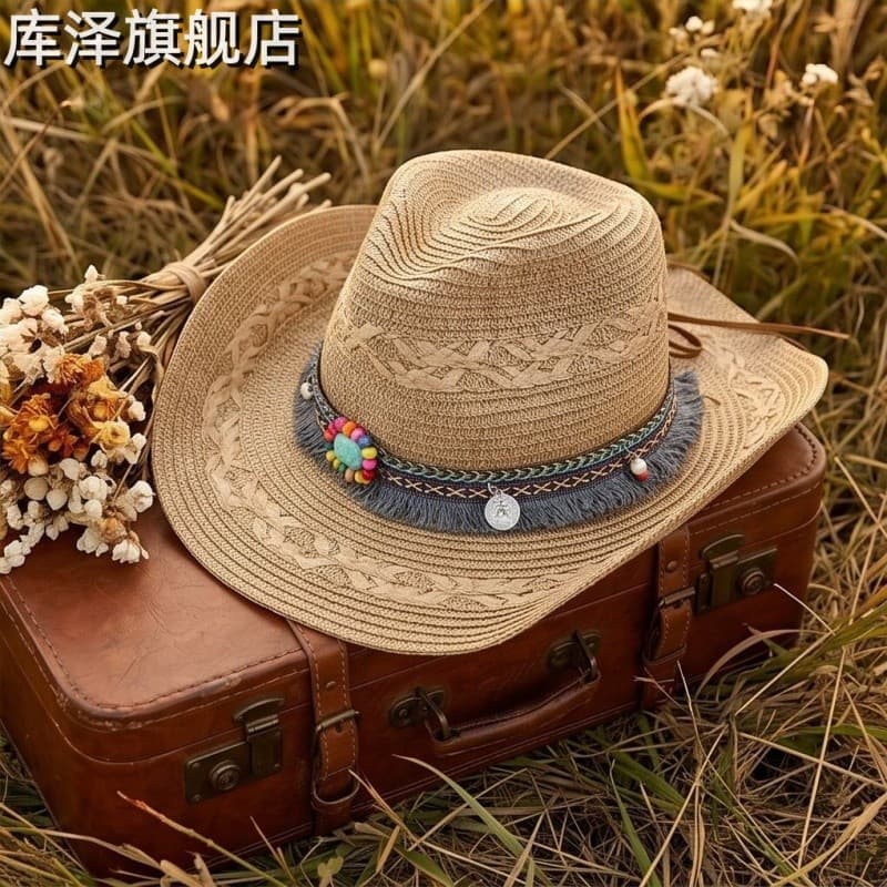Estilo étnico palha ocidental Cowboy chapéu pradaria viagem guarda-sol chapéu de palha feminino verão grande borda féria