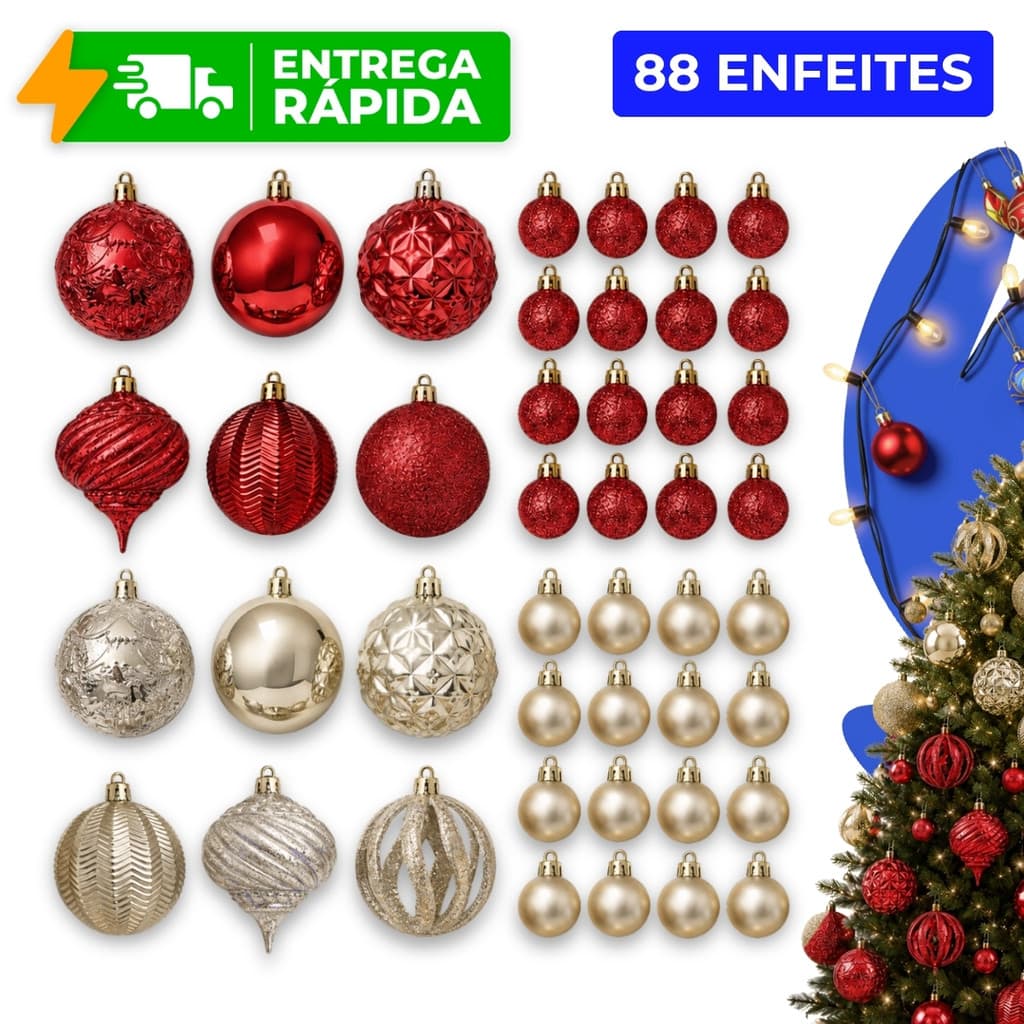 Kit 88 Bolas de Natal Vermelha e Dourado Champagne Premium 6/3cm Enfeites Sortidas Árvore Grande Cheia