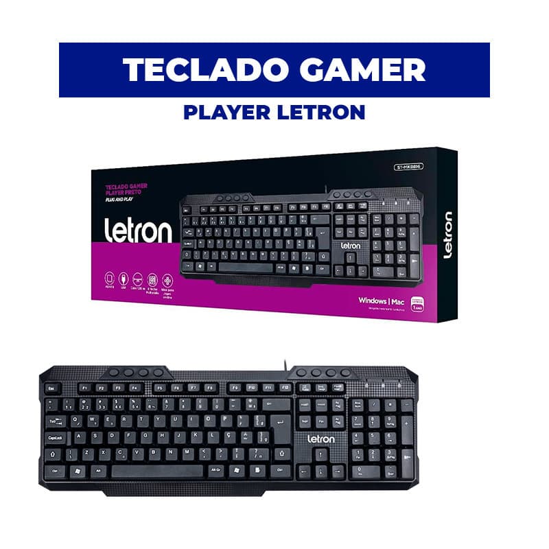 Teclado Gamer Player Letron Preto - Membrana Ergonômico ABNT2