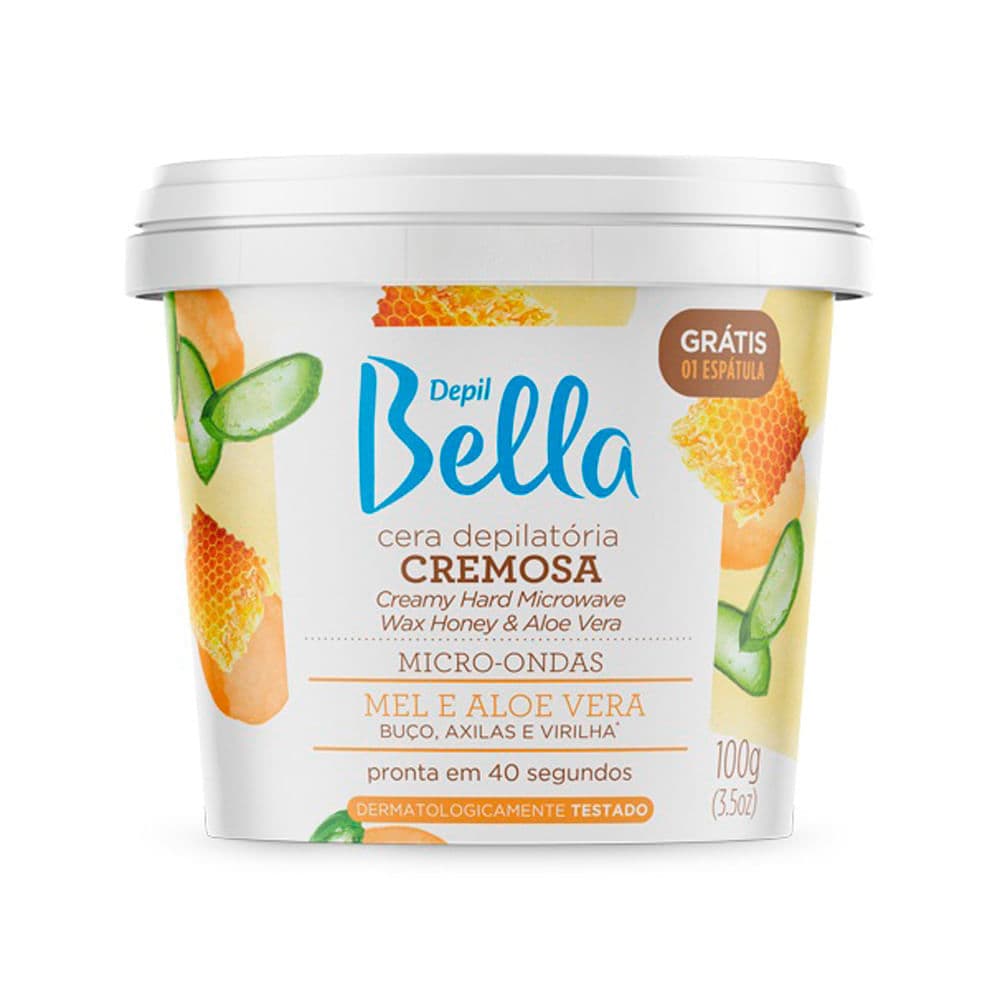 Cera Depilatória Cremosa Depil Bella para Micro ondas Mel e Aloe Vera Buço Axilas e Virilha 100g Ganhe 1 Espátula