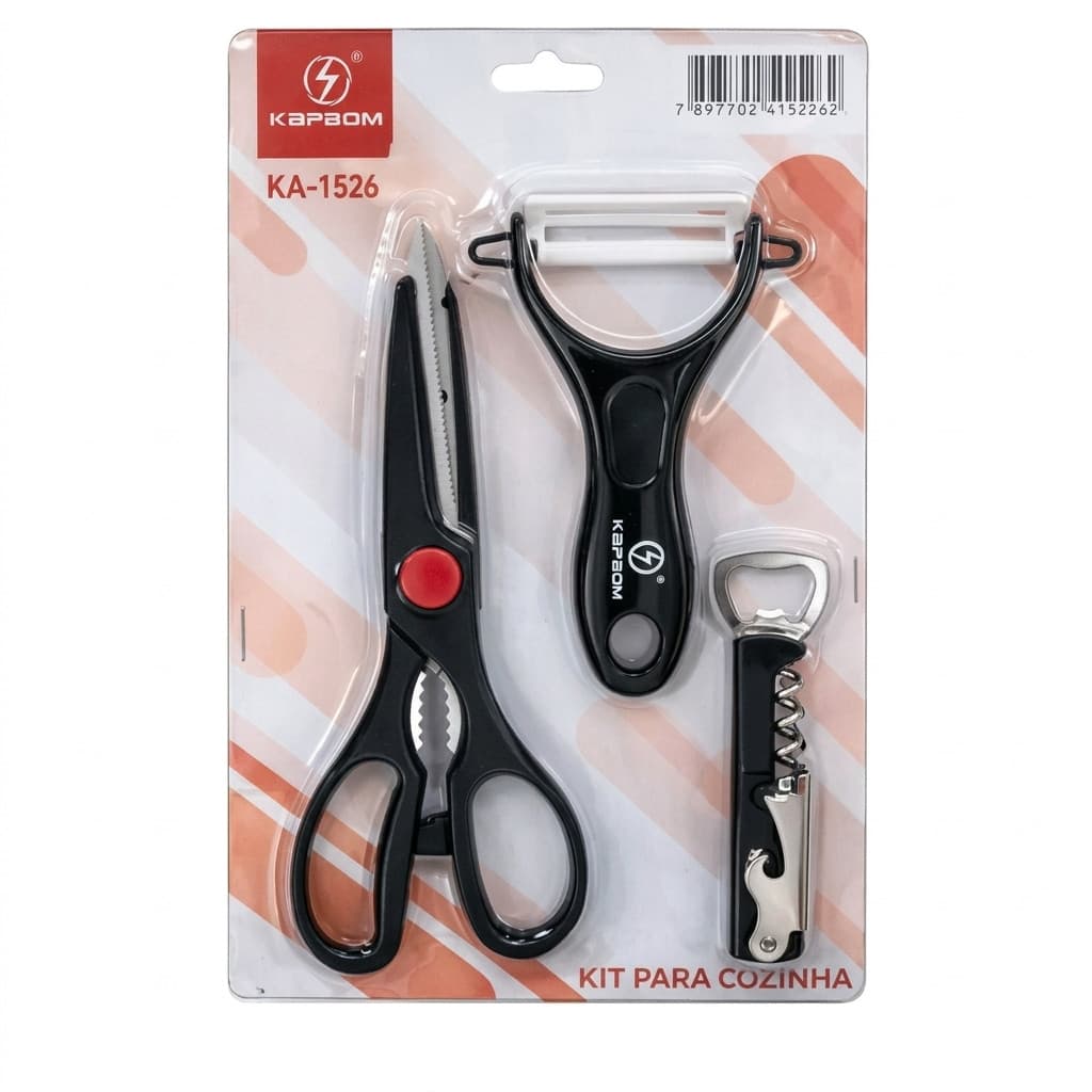 Kit Para Cozinha 3 Peças Tesoura, Descascador e Abridor Saca Rolha