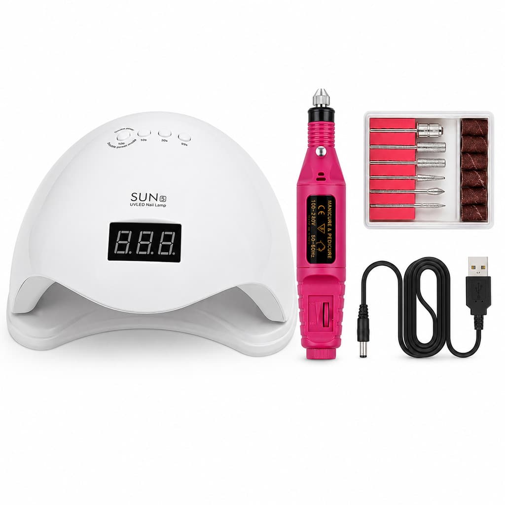 Kit Cabine Sun 5 + Lixadeira Elétrica Unhas Gel Nail Designer Alongamento Unhas Gel Polygel